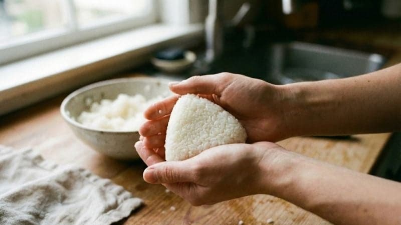 Gros plan sur des mains en train de presser le riz pour façonner la forme triangulaire des onigiris vegan.