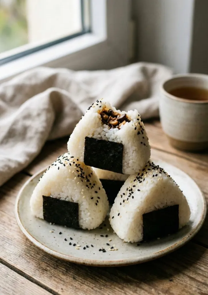 Gros plan vertical sur une pile de trois onigiris vegan triangulaires faits maison sur une assiette en céramique rustique.