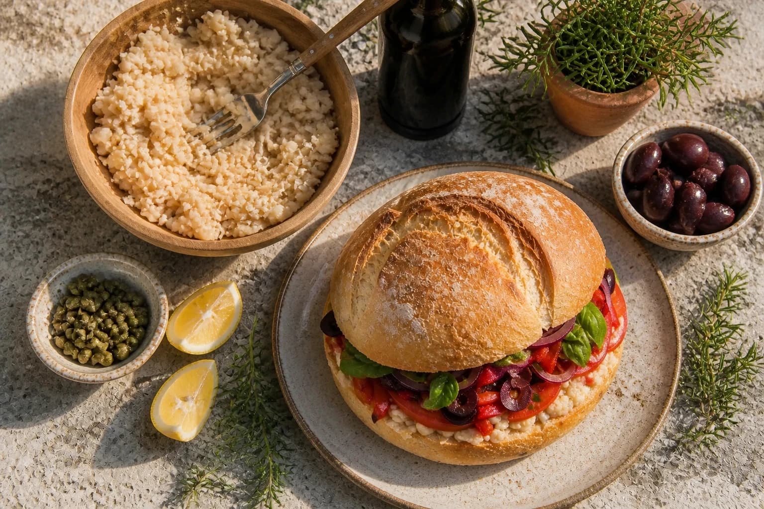 Garniture de pan bagnat vegan préparée sur une planche en bois