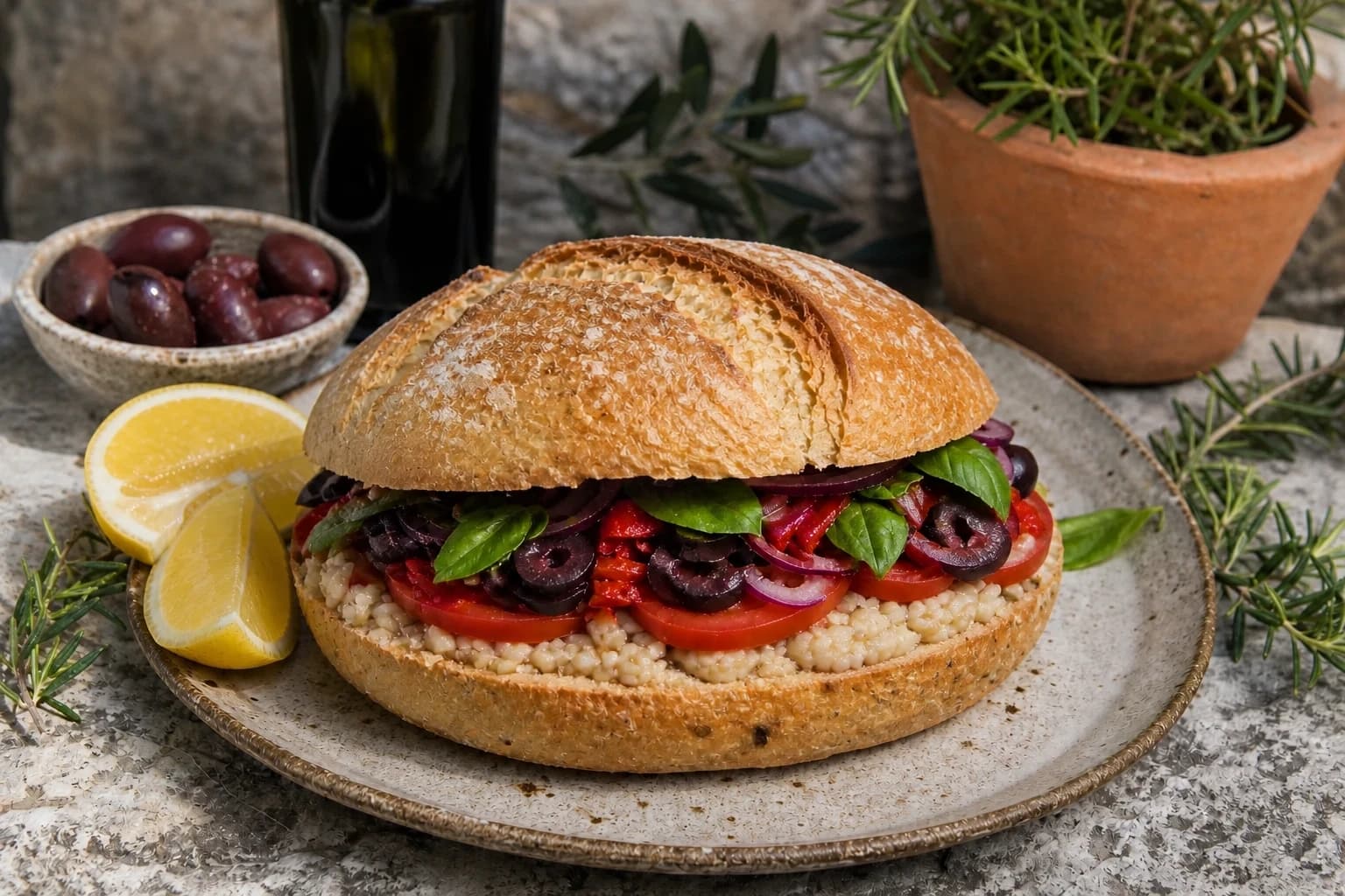 Pan bagnat vegan garni et empilé en couches de légumes colorés