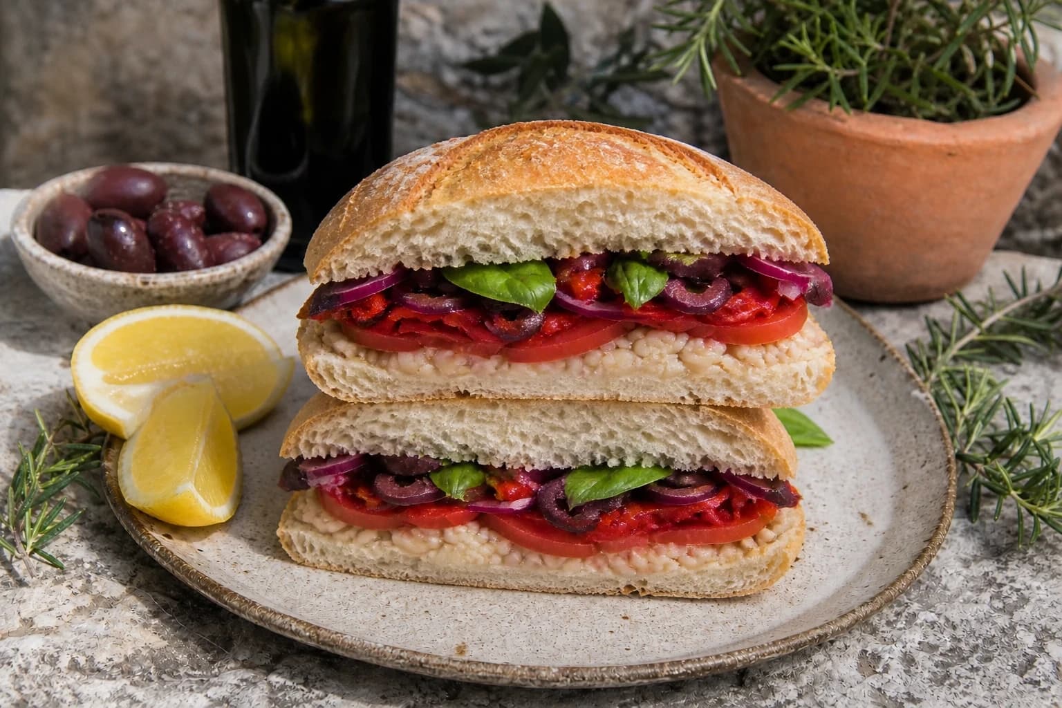 Pan bagnat vegan coupé en deux, prêt à déguster au soleil