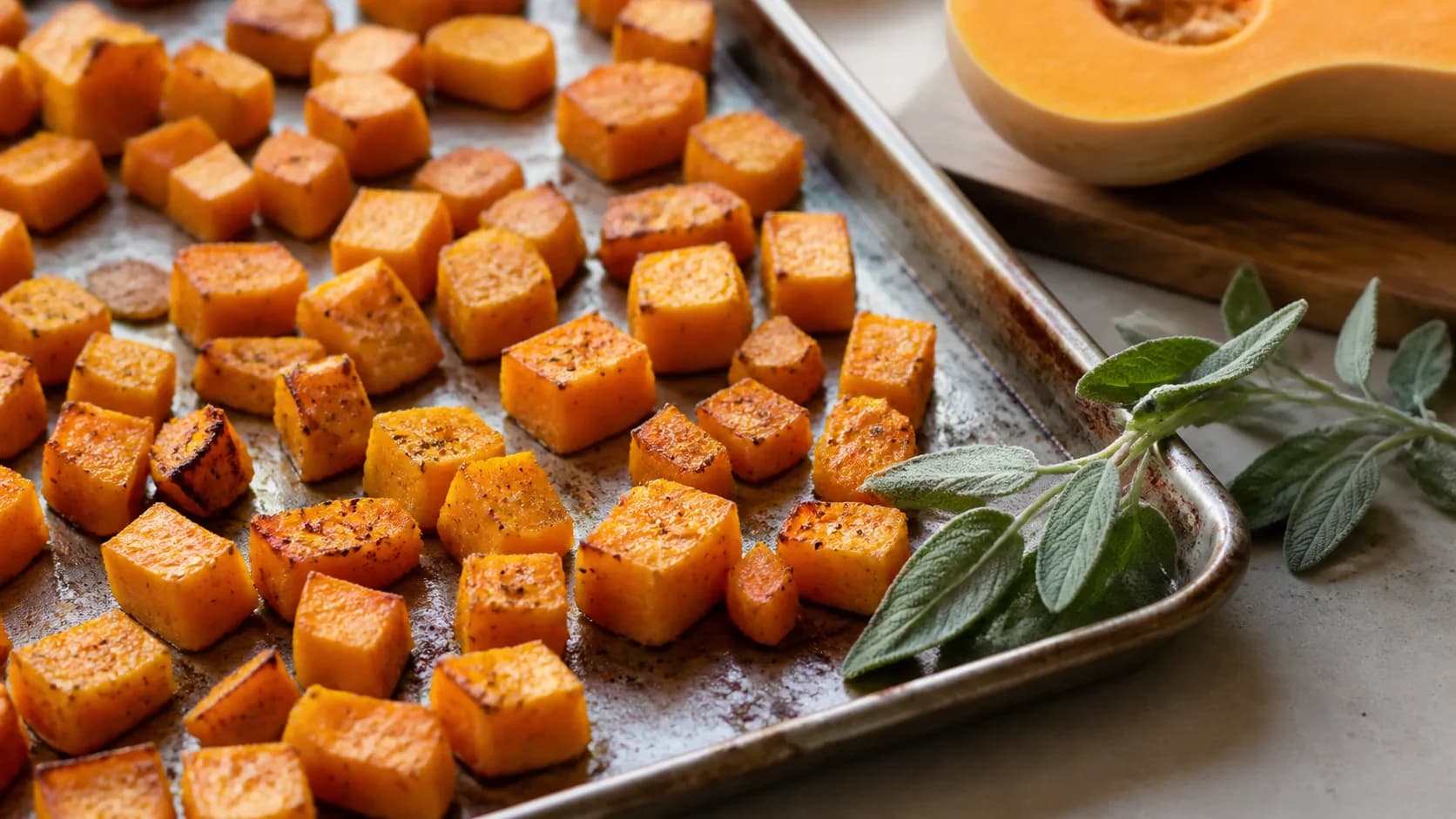 Cubes de courge butternut rôtis et dorés sur une plaque