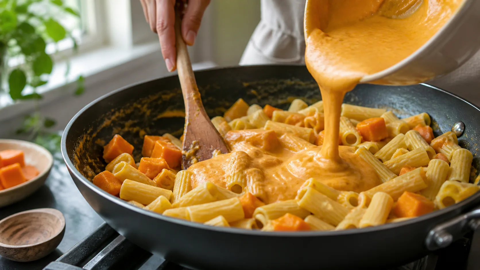 Sauce butternut crémeuse versée sur les pâtes dans une poêle