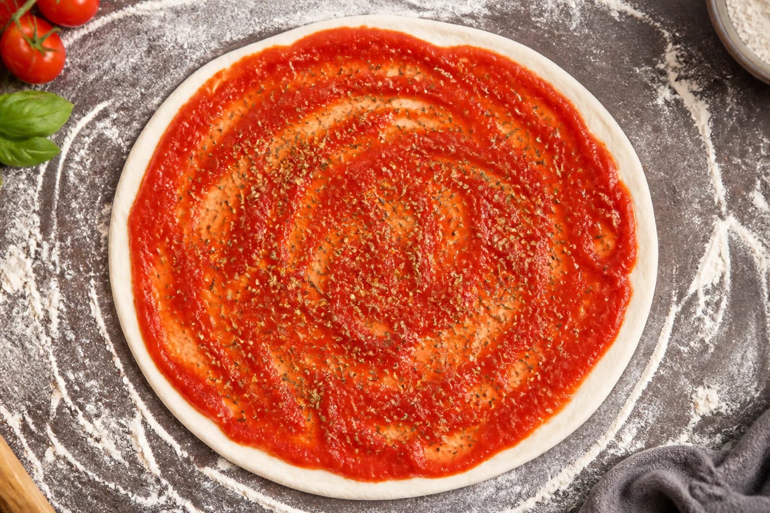 Pâte à pizza étalée recouverte de sauce tomate parsemée d'origan