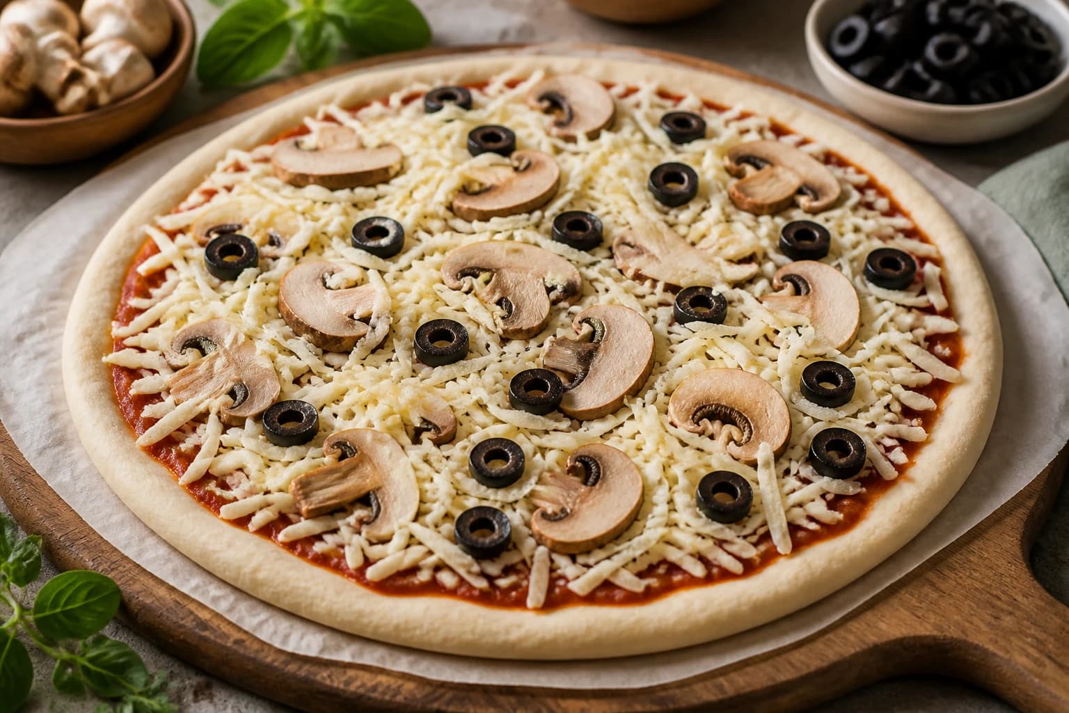 Pizza vegan garnie de mozzarella végétale, champignons et olives avant cuisson