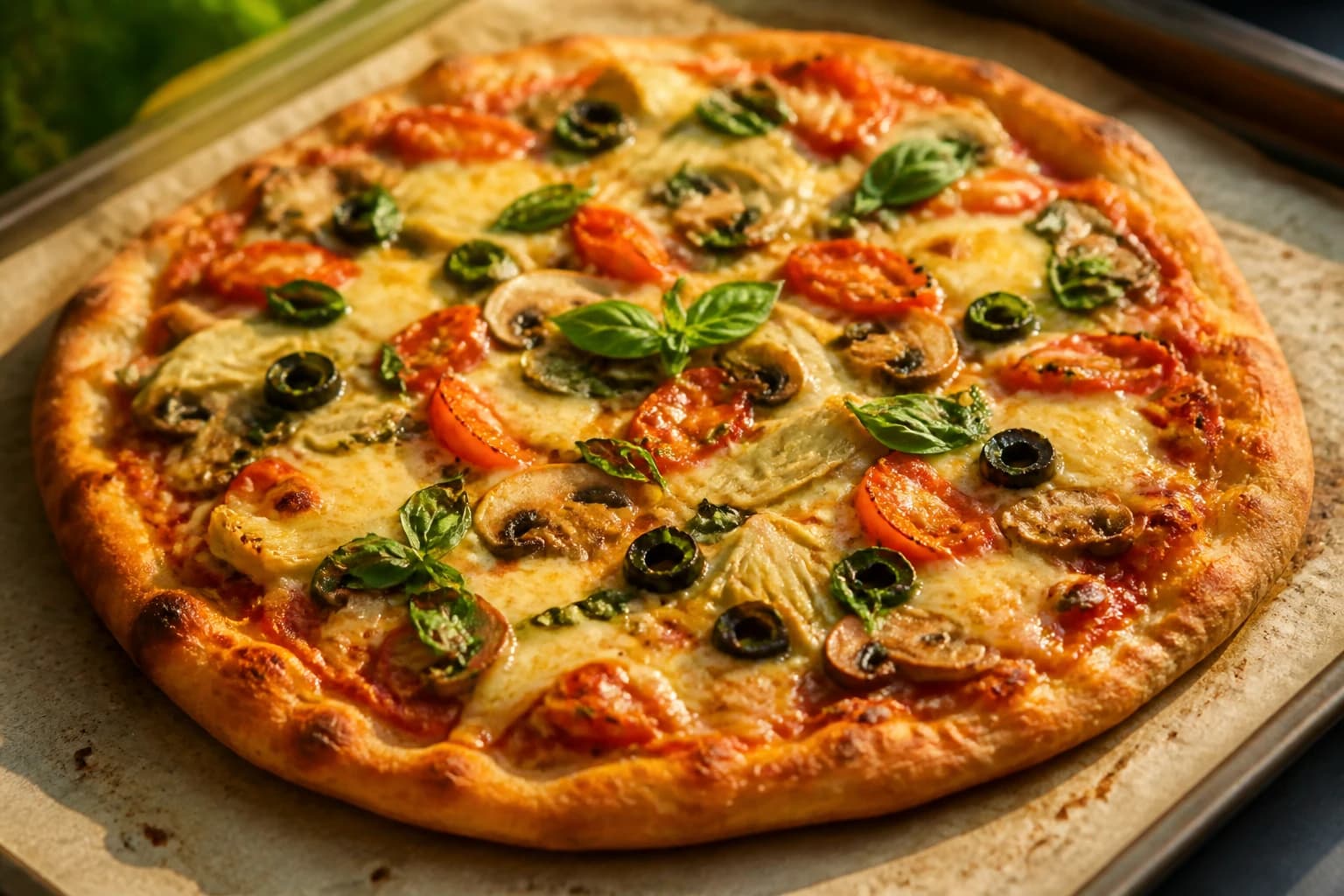 Pizza vegan dorée et croustillante sortant du four