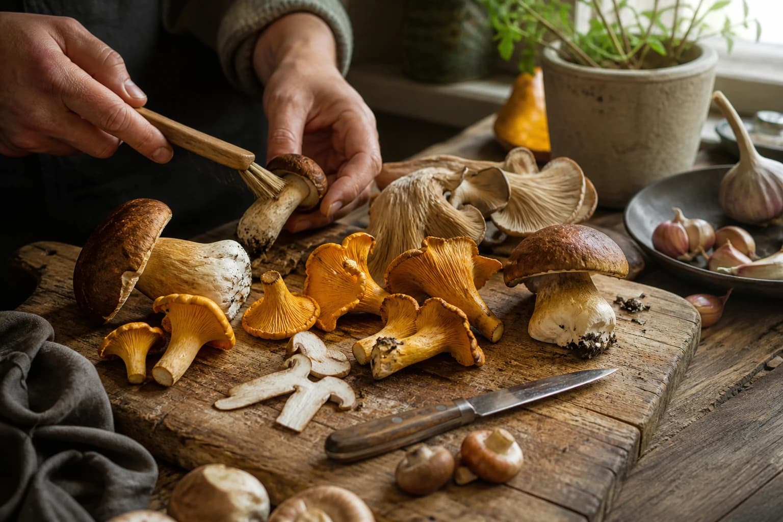 Nettoyage et découpe des champignons frais