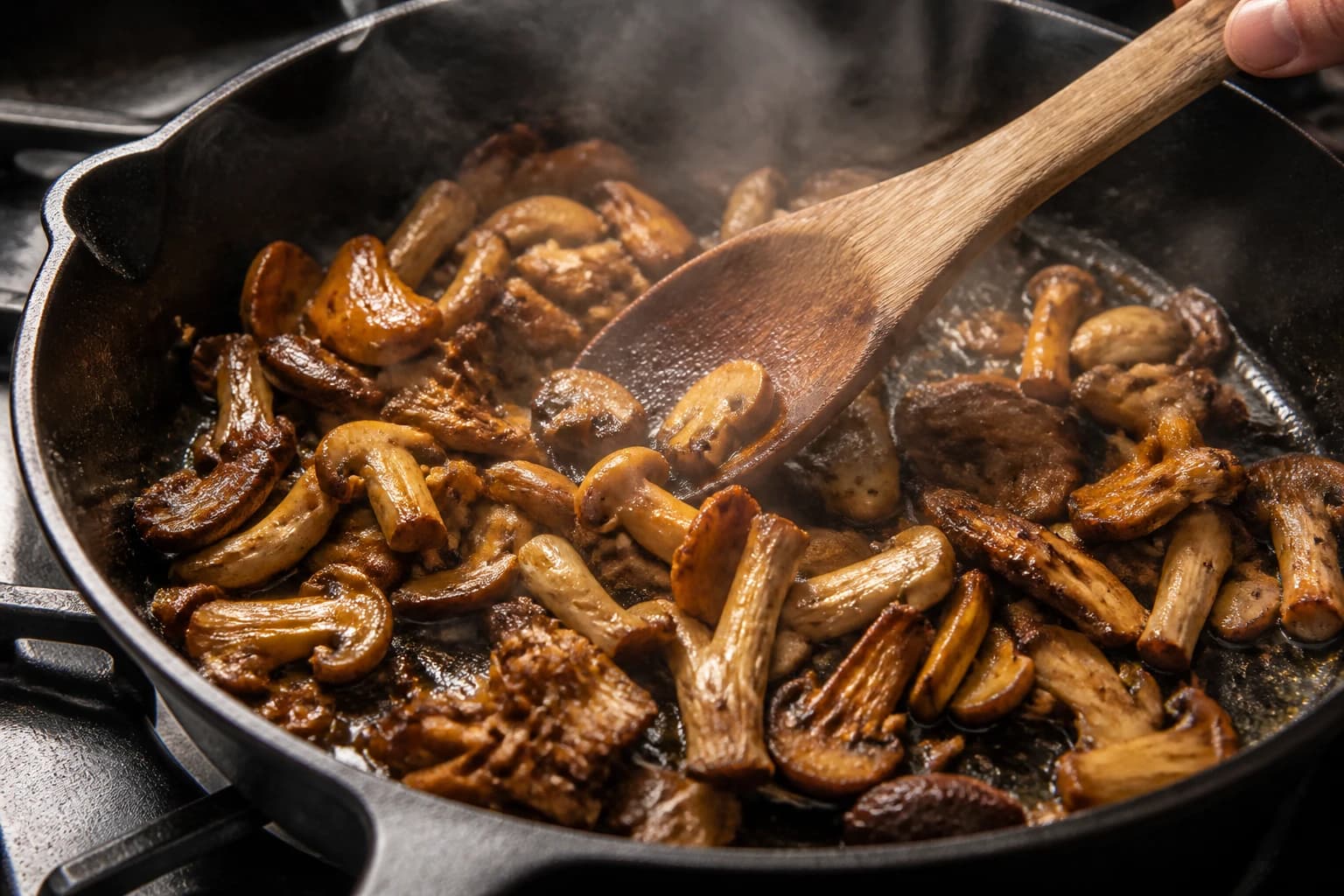 Dorure des champignons à la poêle avec les échalotes