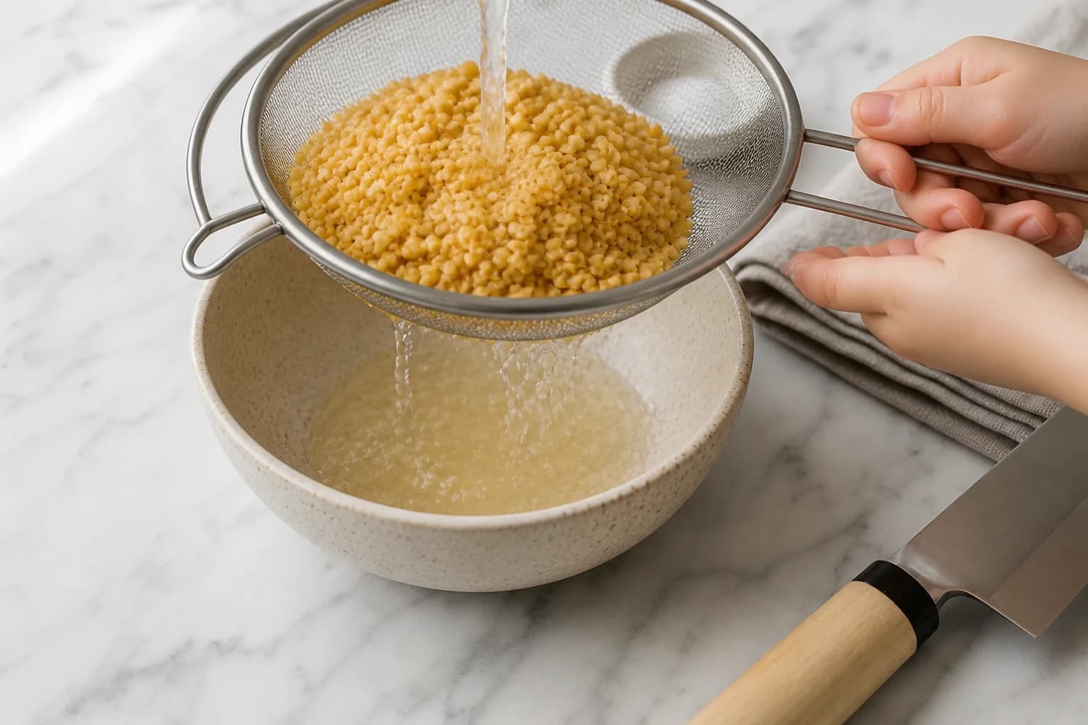Pois cassés rincés et égouttés dans une passoire avant cuisson
