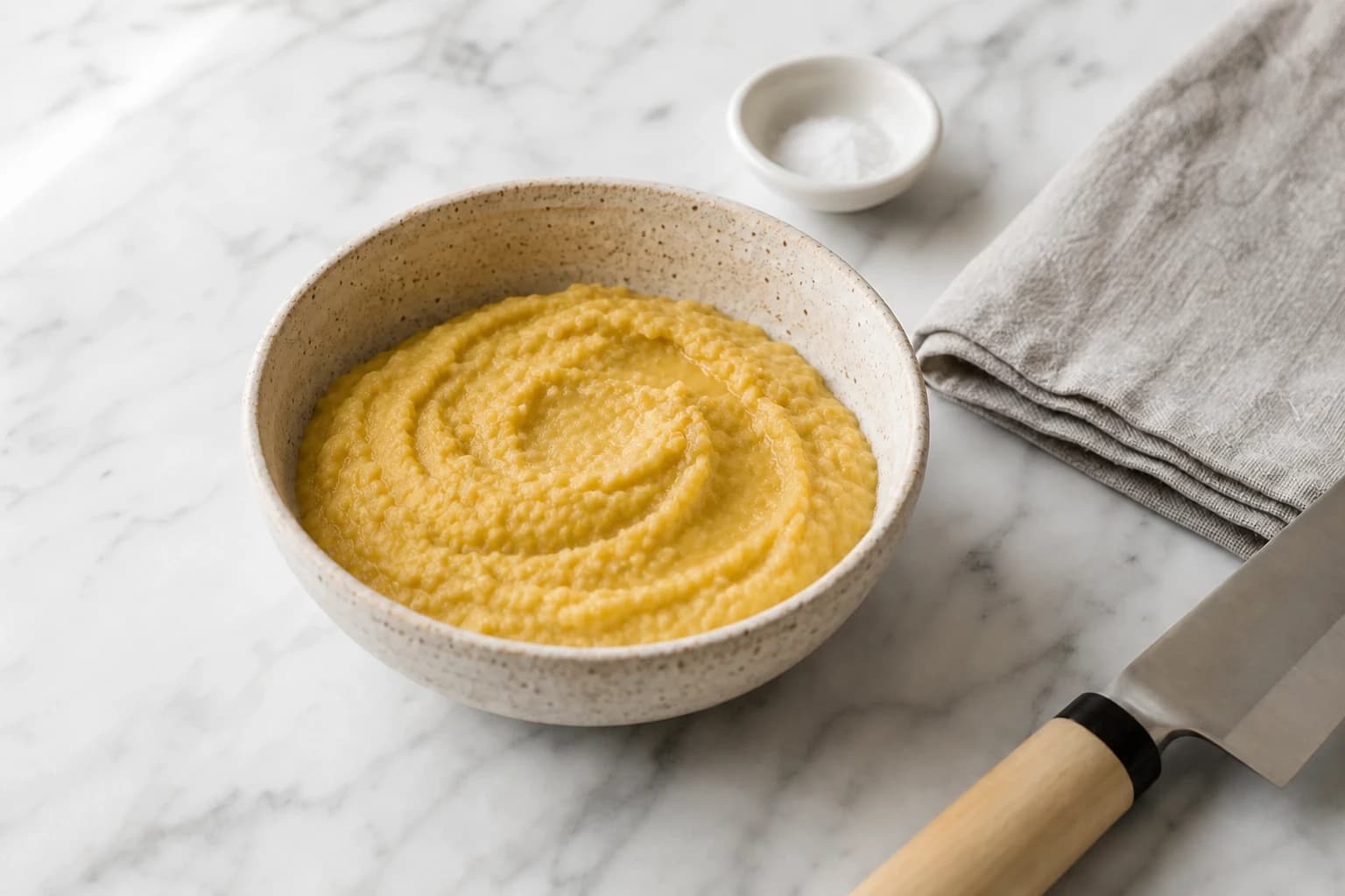 Purée de pois cassés en train d'être mixée au mixeur plongeant dans la casserole