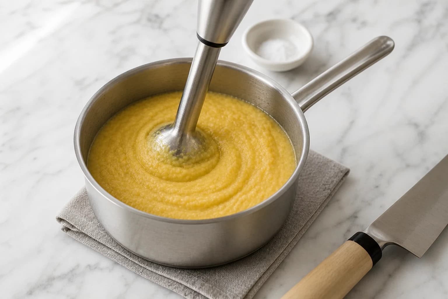 Purée de pois cassés crémeuse servie dans un bol avec un filet d'huile d'olive et des herbes