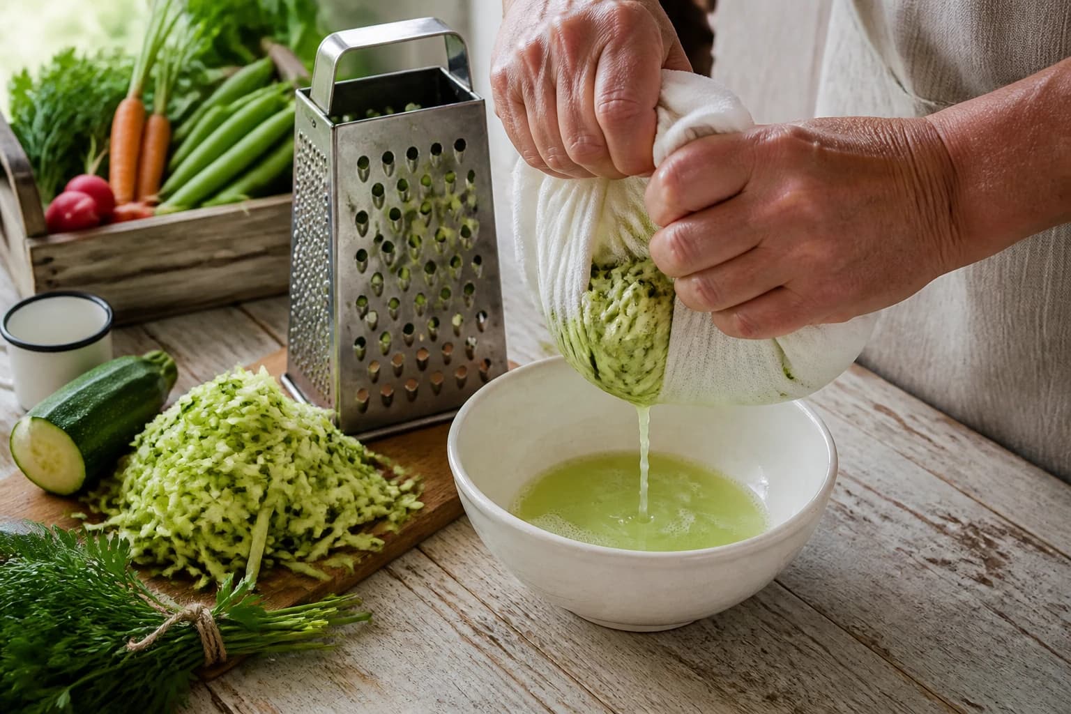 Mains pressant de la courgette râpée dans un torchon de cuisine au-dessus d'un bol, le jus végétal s'écoulant du tissu