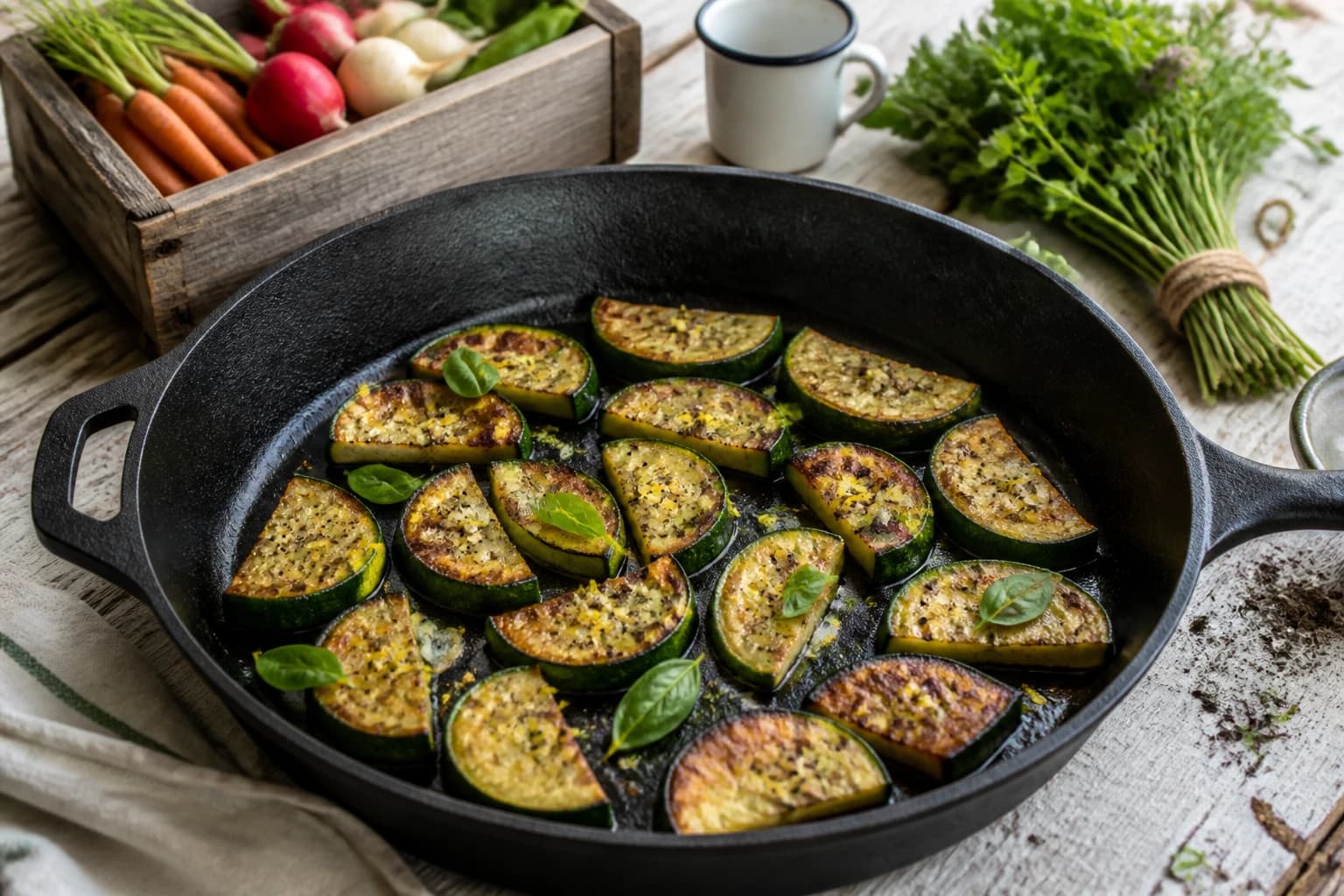 Demi-rondelles de courgette dorées disposées en une seule couche dans une grande poêle en fonte, avec ail, zeste de citron et basilic