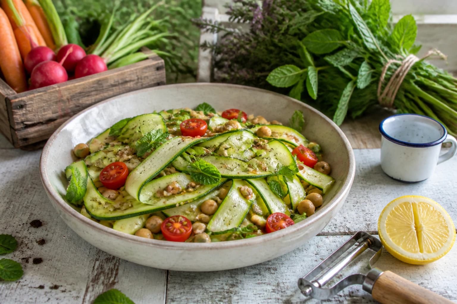 Saladier de rubans de courgette crus avec pois chiches, tomates cerises, graines grillées et menthe fraîche