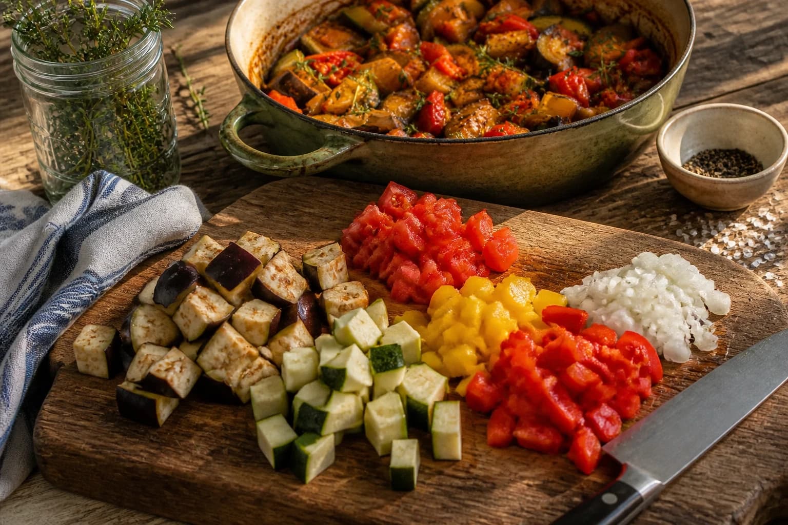 Légumes d'été coupés en dés sur une planche