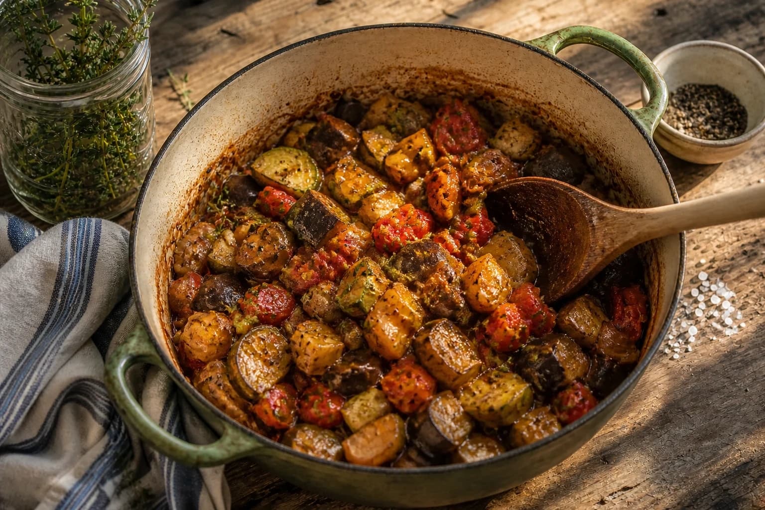 Aubergines et courgettes qui dorent dans la cocotte