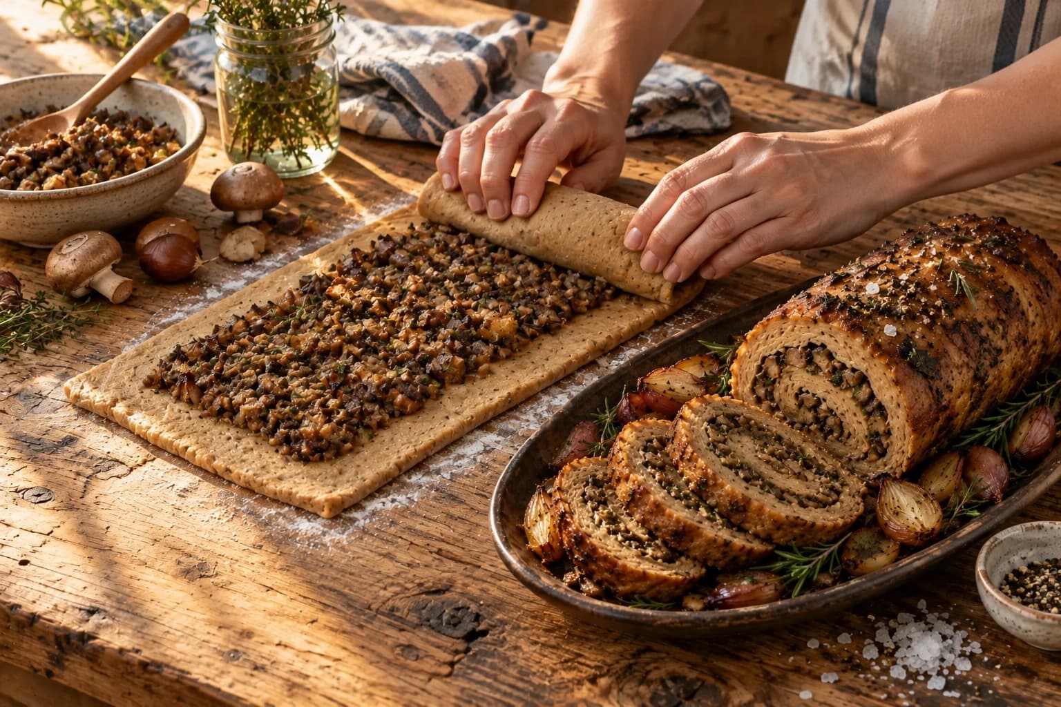 Farce aux marrons et champignons étalée sur la pâte de seitan
