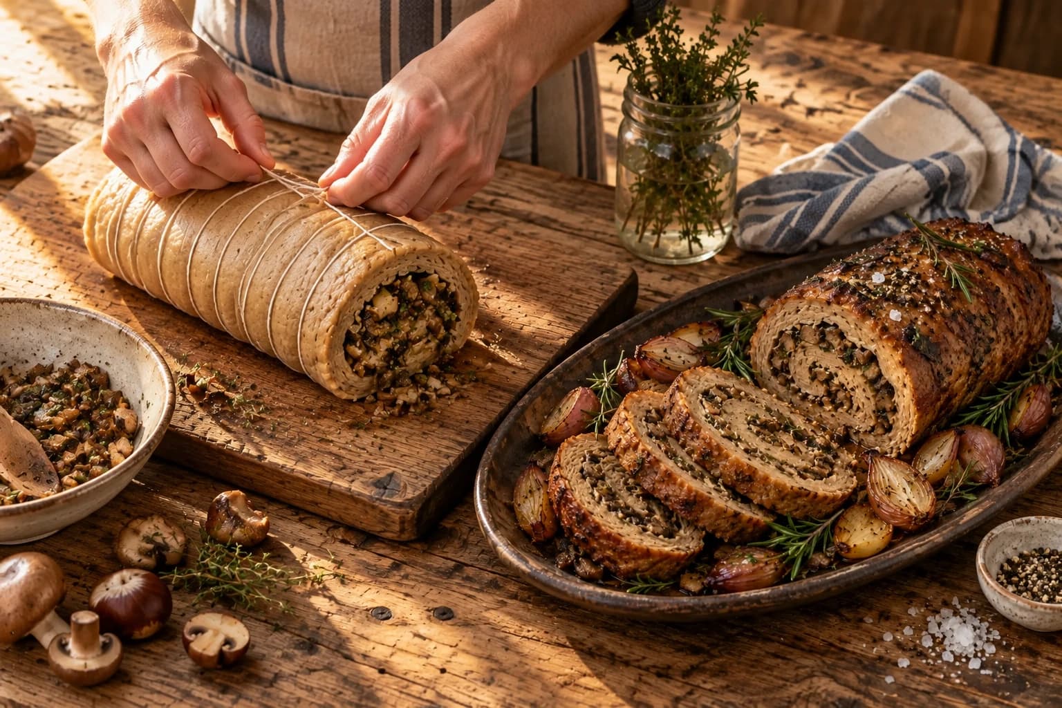 Rôti de seitan farci roulé et ficelé avant la cuisson vapeur