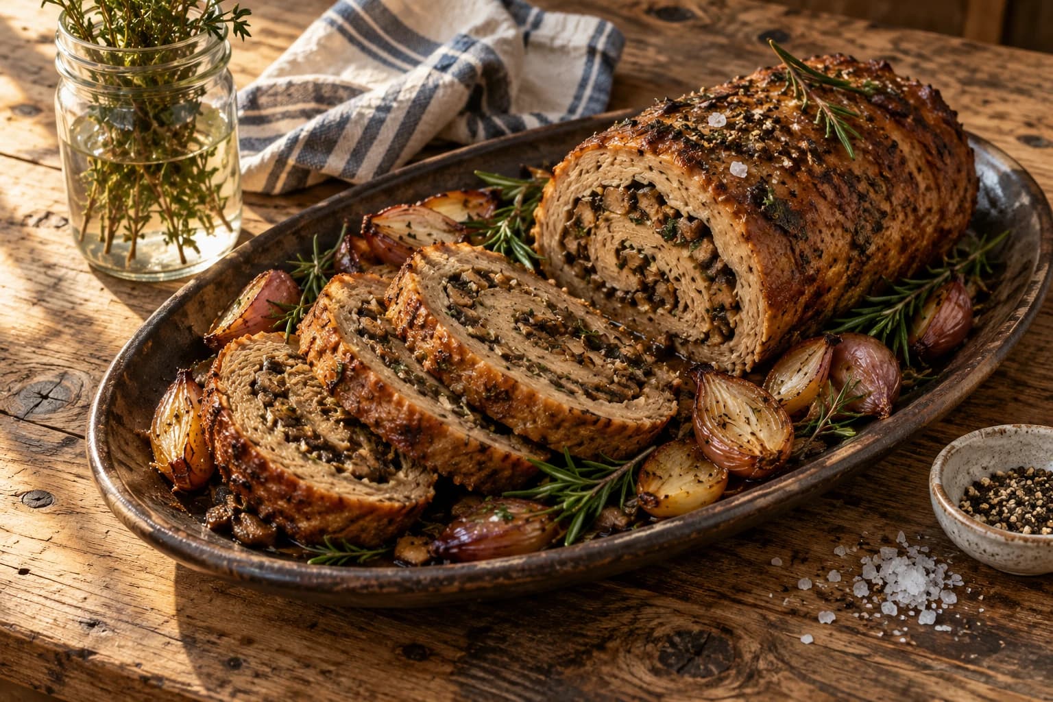 Repas de fête : rôti de seitan farci aux marrons
