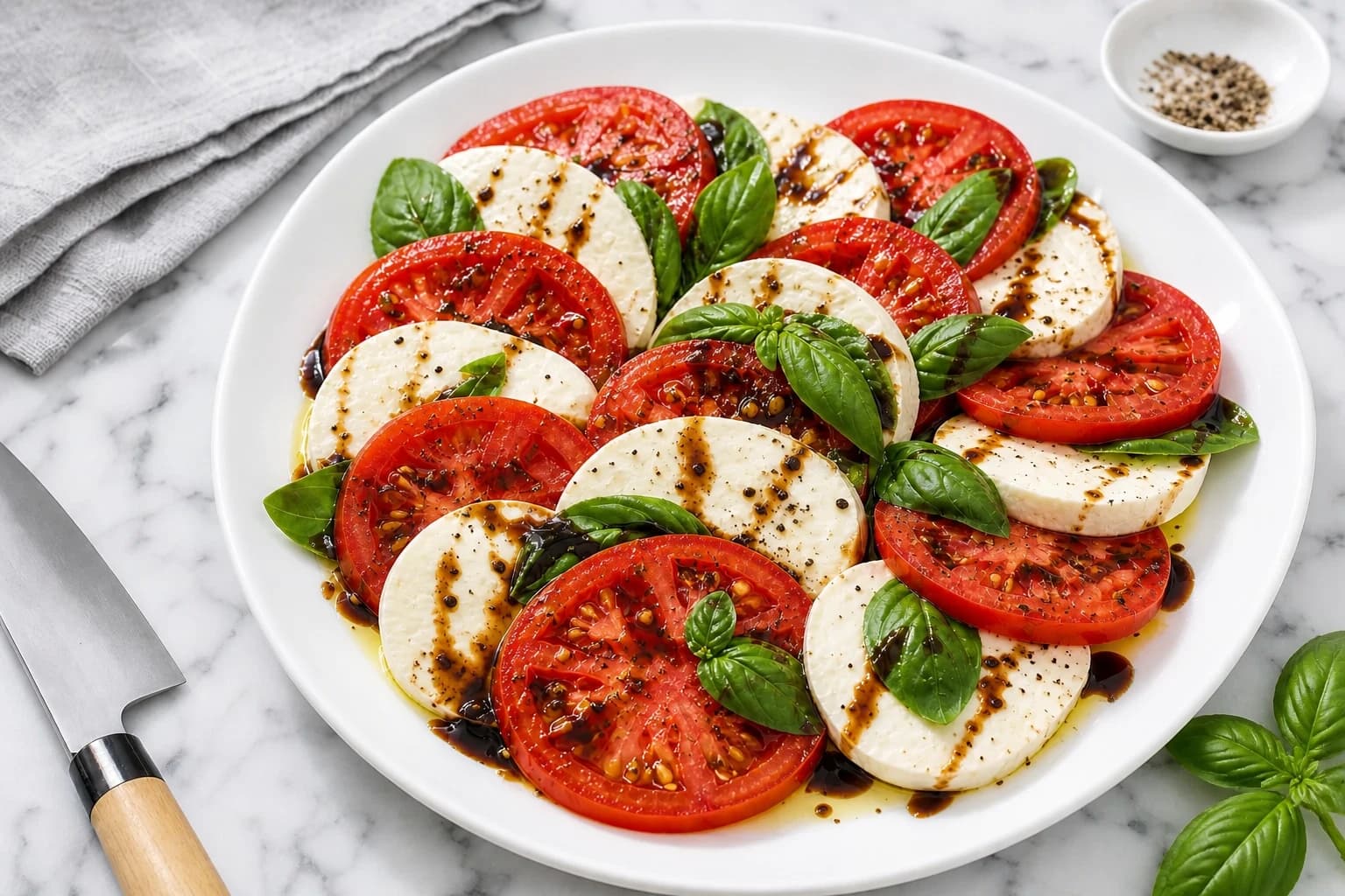 Tomates anciennes et mozzarella végétale tranchées sur un plan de travail