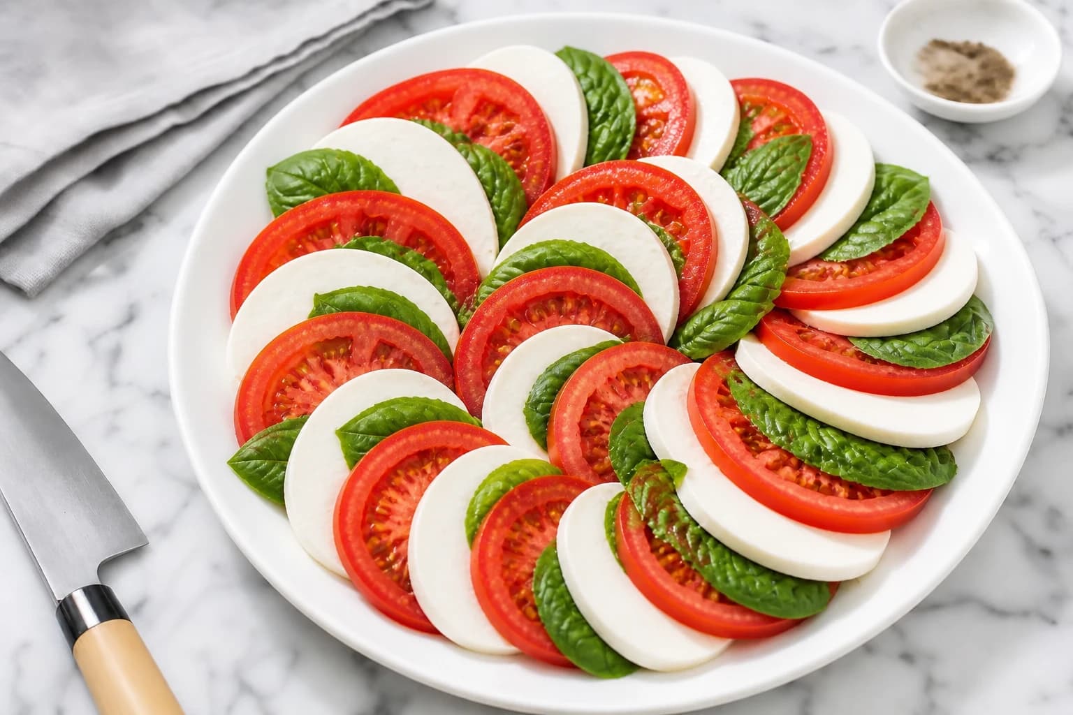 Salade caprese vegan dressée en rosace avec basilic frais