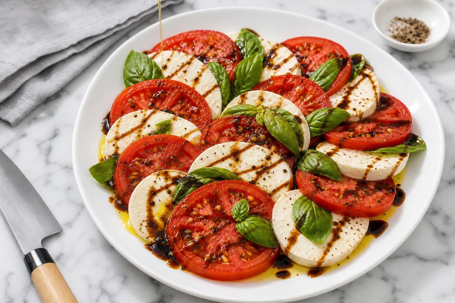 Salade caprese vegan servie en terrasse avec huile d'olive et fleur de sel