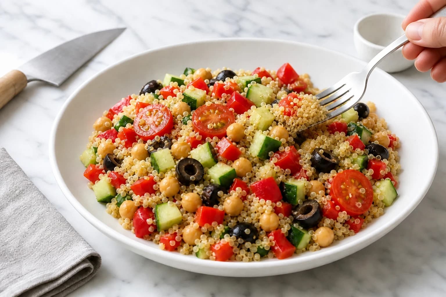 Quinoa cuit et égrainé à la fourchette dans une casserole