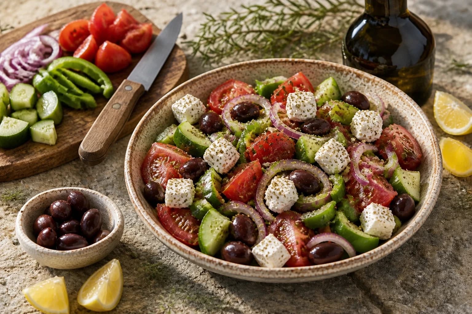 Tomates, concombre, poivron vert et oignon rouge coupés en gros morceaux sur une planche