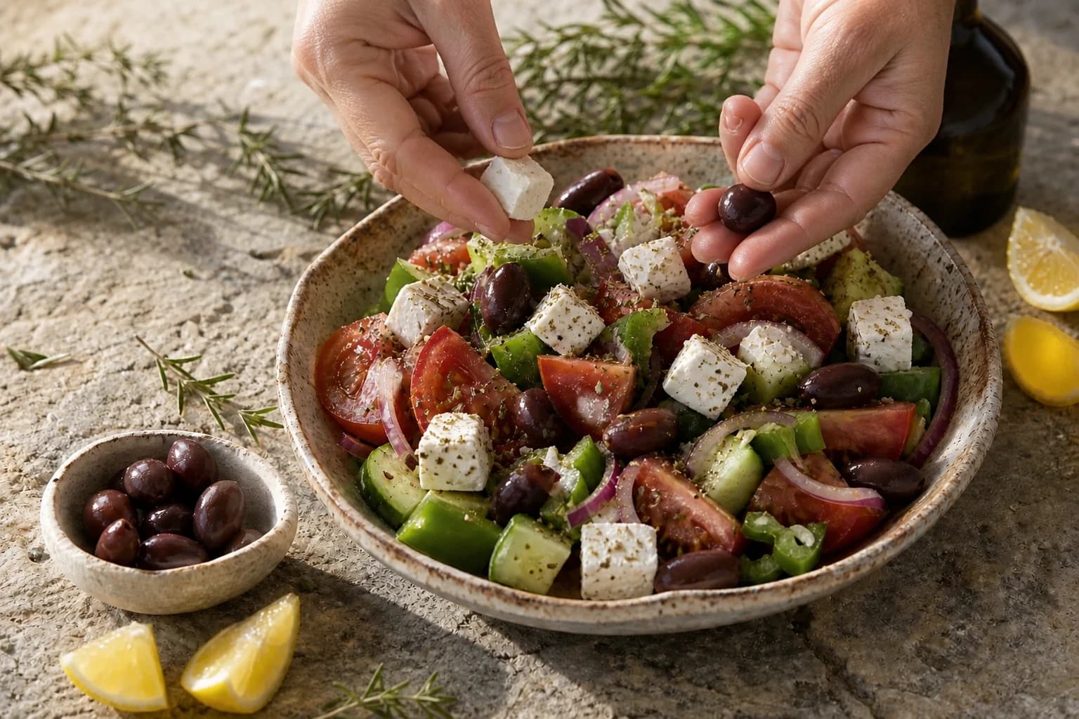 Cubes de feta végétale et olives Kalamata ajoutés sur les légumes dans un saladier