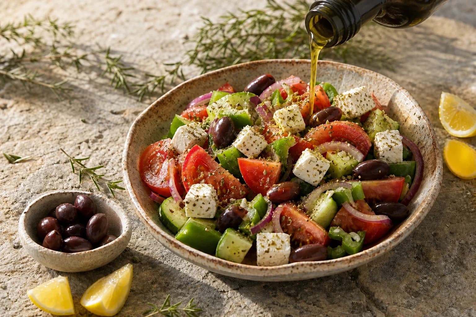 Huile d'olive et origan versés sur la salade grecque vegan terminée