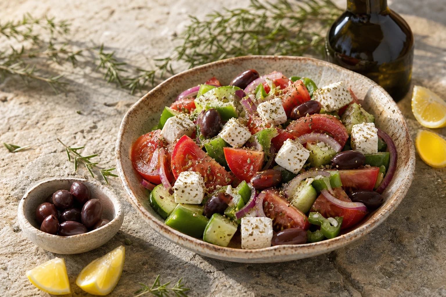 Salade grecque vegan : fraîche et croquante à la feta maison