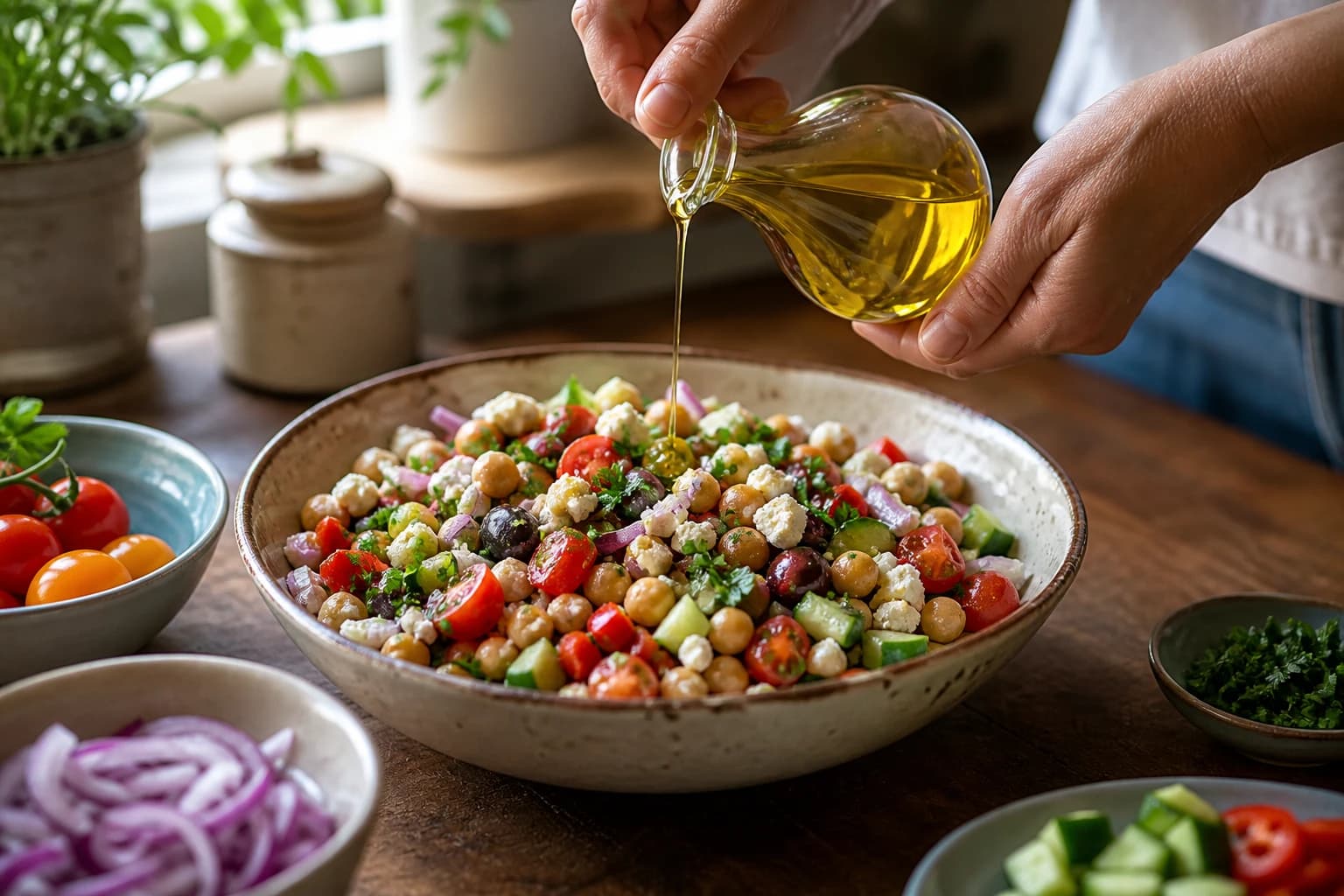 Huile d’olive versée sur un saladier de pois chiches, tomates cerises, concombre et herbes fraîches