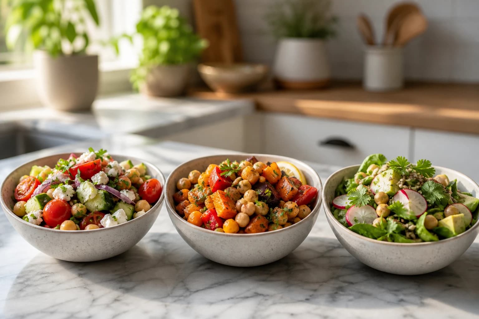 Trois bols de salade de pois chiches : méditerranéenne à la feta végétale, légumes rôtis, avocat-radis