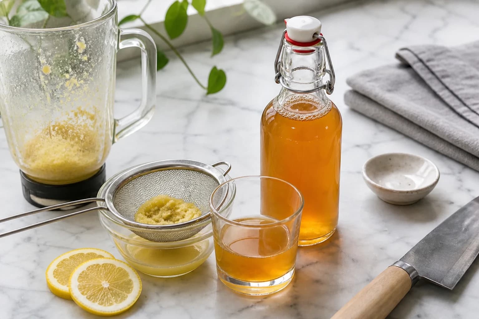 Gingembre frais mixé avec de l’eau avant filtration