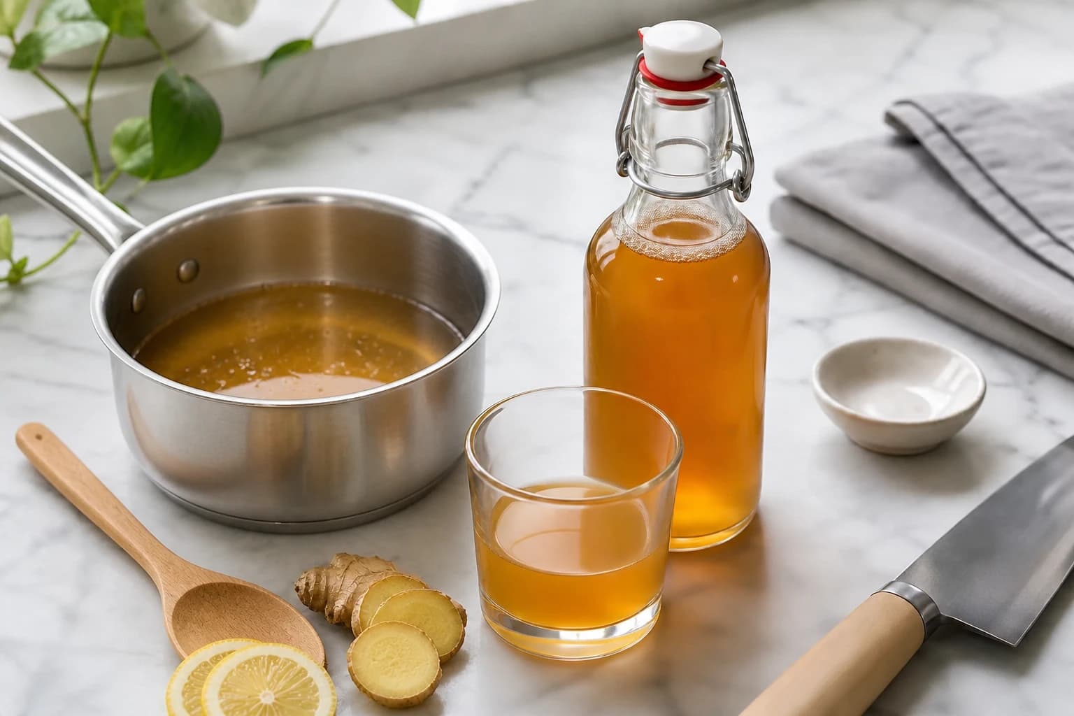 Sirop de gingembre frémissant doucement dans une casserole