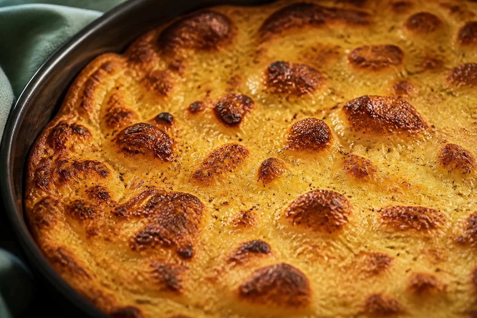 Socca garnie de légumes sautés et d'herbes fraîches juste après la cuisson