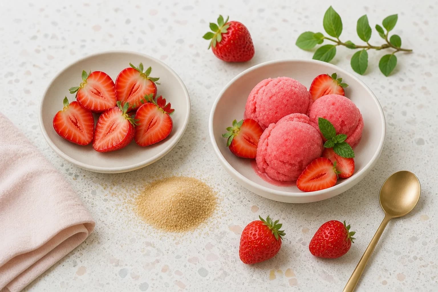 Fraises de saison coupées avec le sucre de canne sur le plan de travail