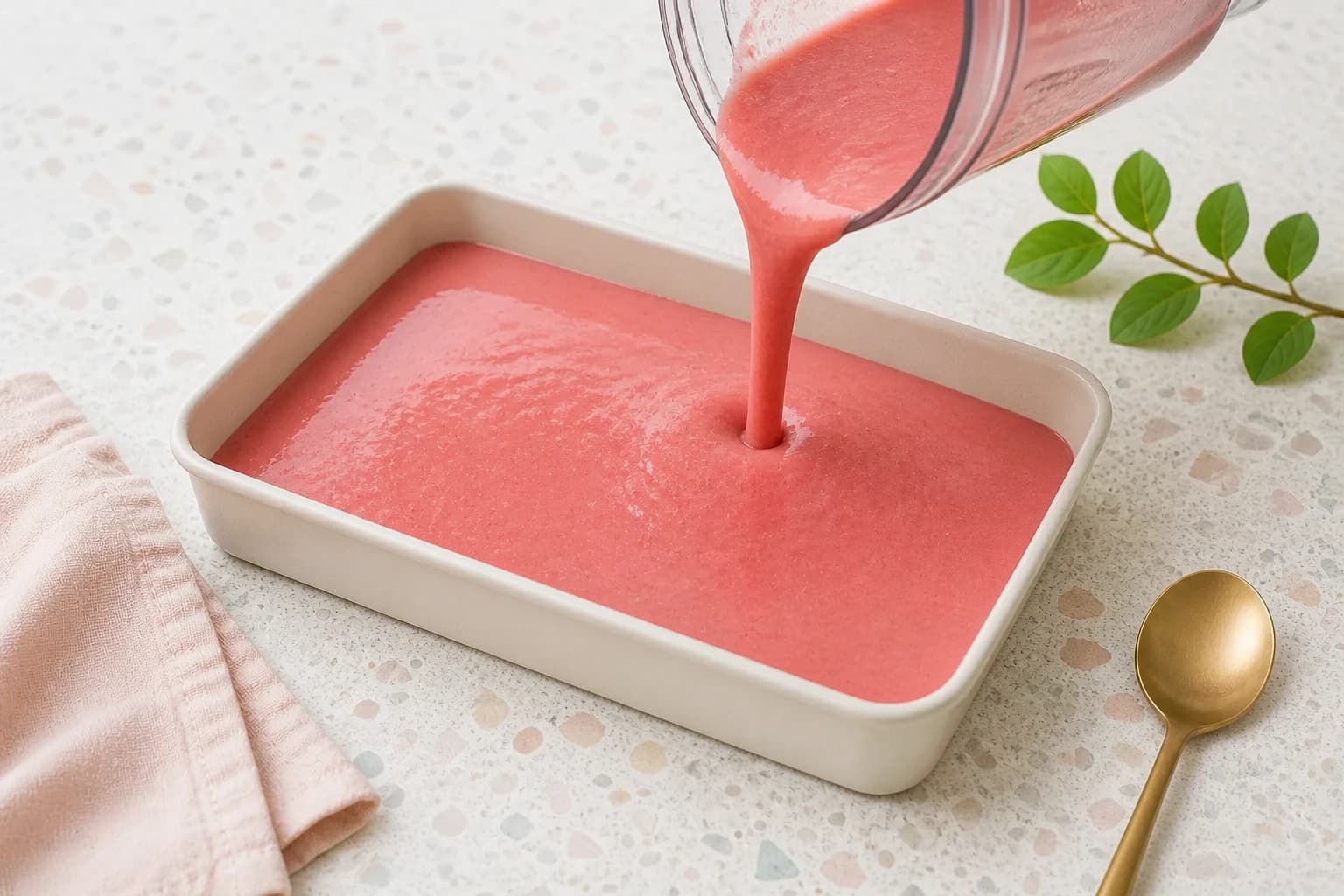 Coulis de fraises mixé et lisse versé dans le bac avant la prise au froid