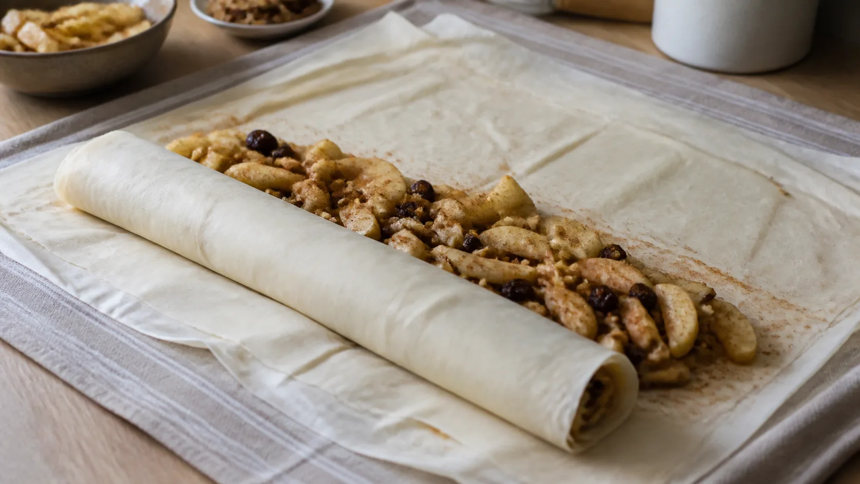 Strudel aux pommes roulé et badigeonné avant la cuisson