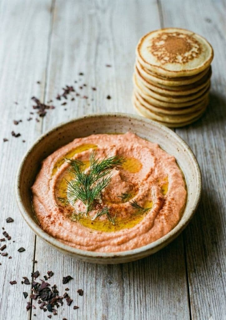 Tarama vegan crémeux dans un bol avec un blini qui trempe dedans, prêt pour l'apéro.