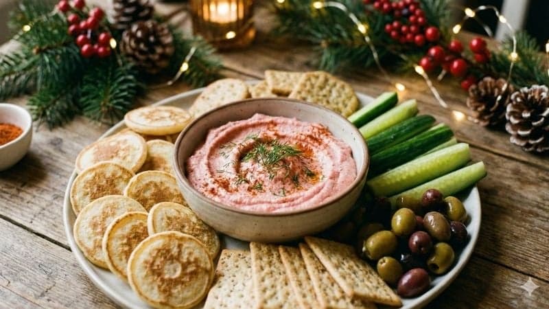 Tarama vegan servi sur une table d'apéro festive avec des blinis et des crudités.