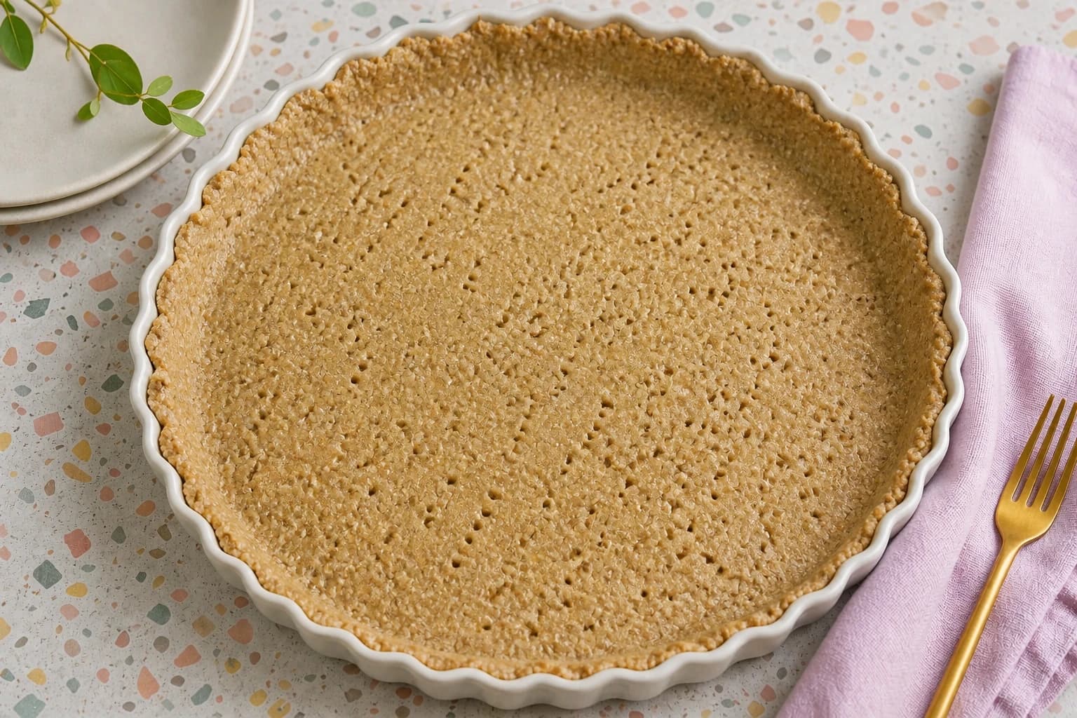 Pâte à tarte vegan foncée dans le moule, fond piqué