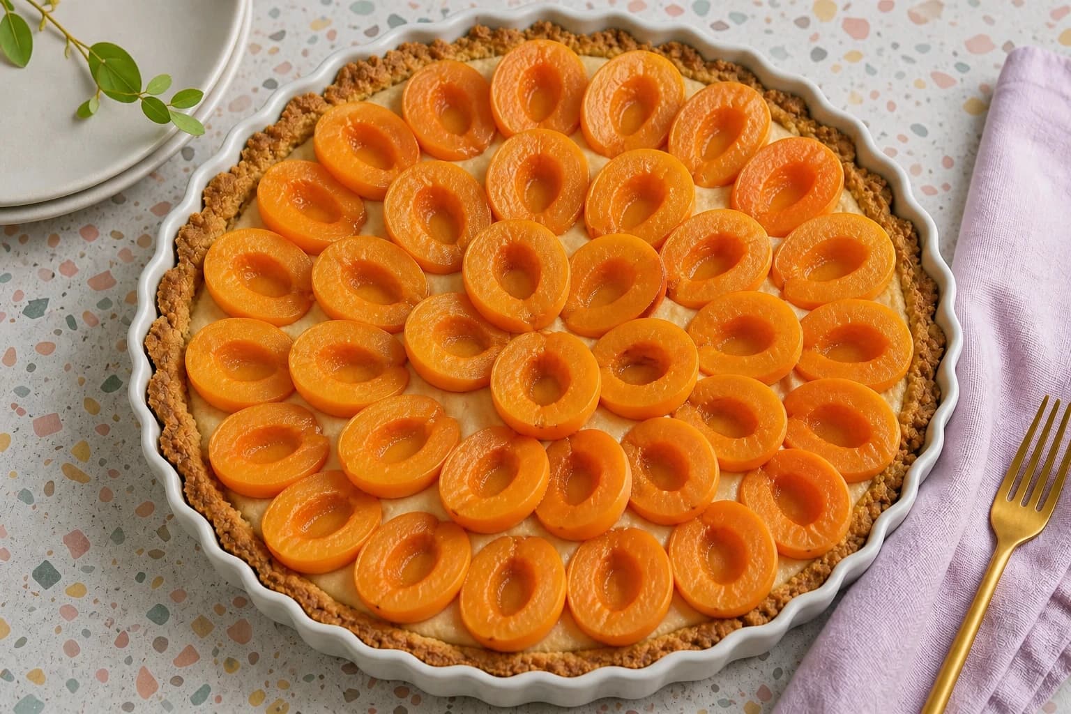 Oreillons d'abricots disposés en rosace sur la crème d'amande