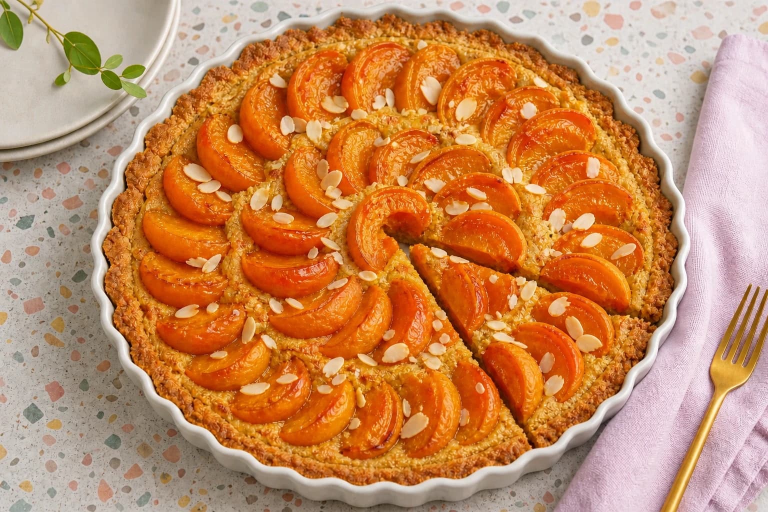 Tarte aux abricots vegan dorée et nappée à la sortie du four