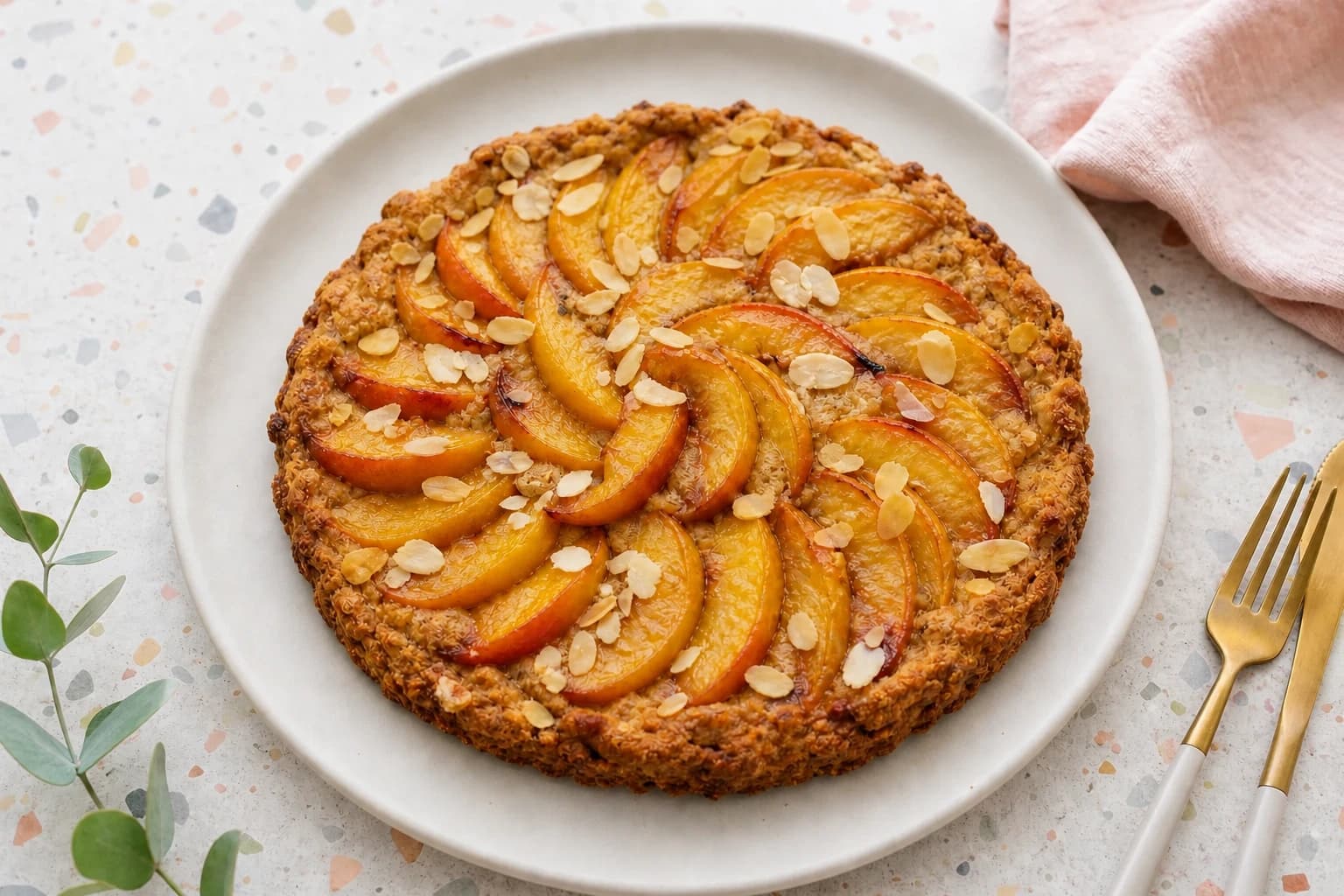 Tarte aux pêches vegan dorée aux amandes effilées sortie du four