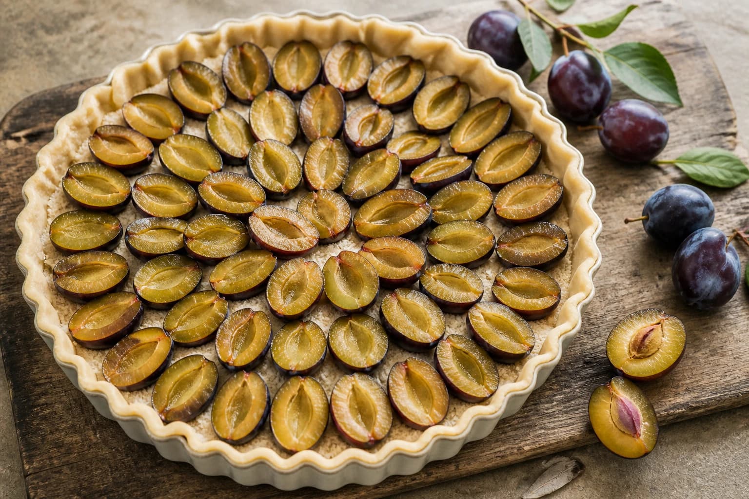 Dressage des quetsches sur le fond de tarte