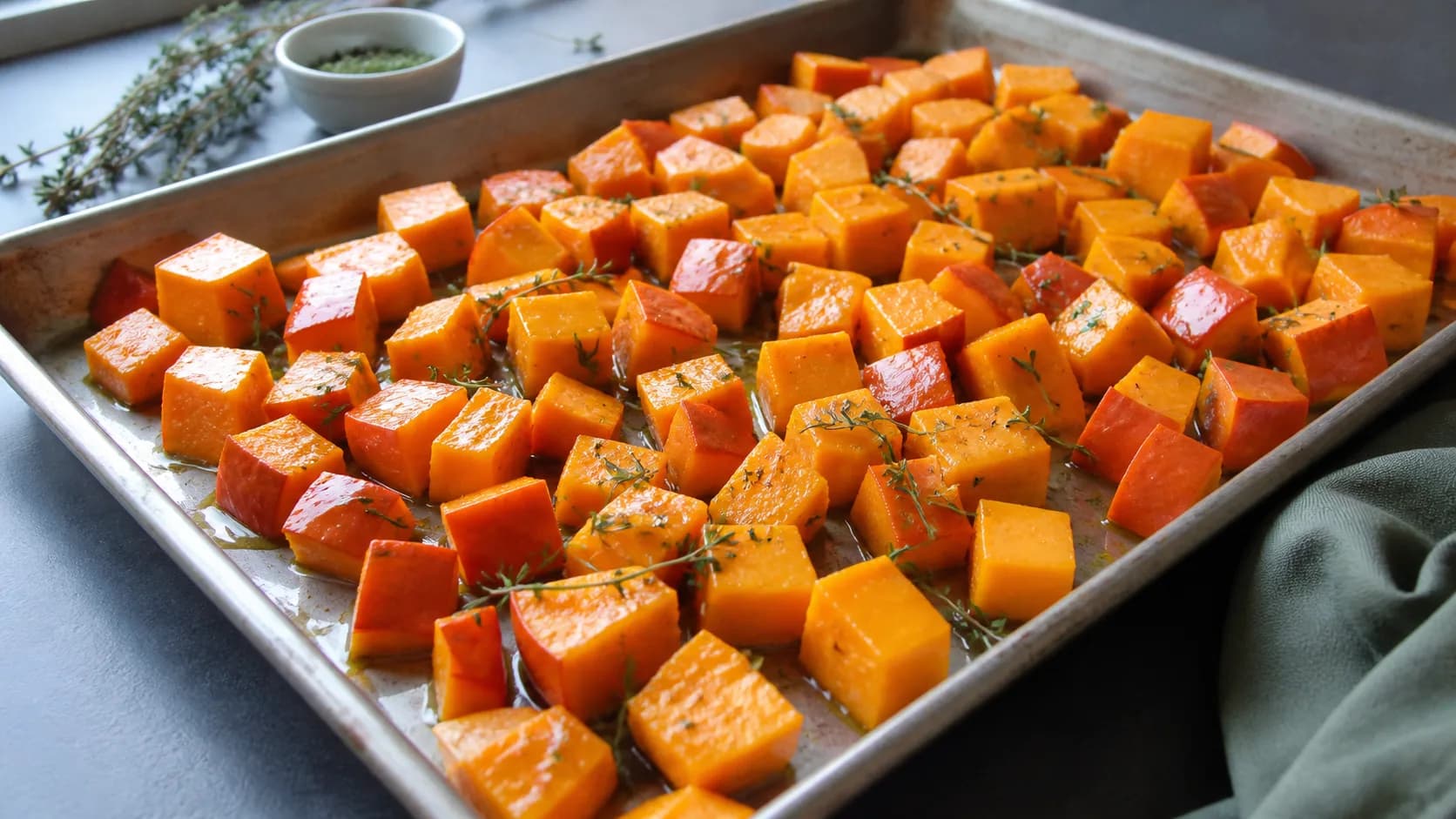 Des cubes de potimarron assaisonnés de thym sur une plaque avant cuisson