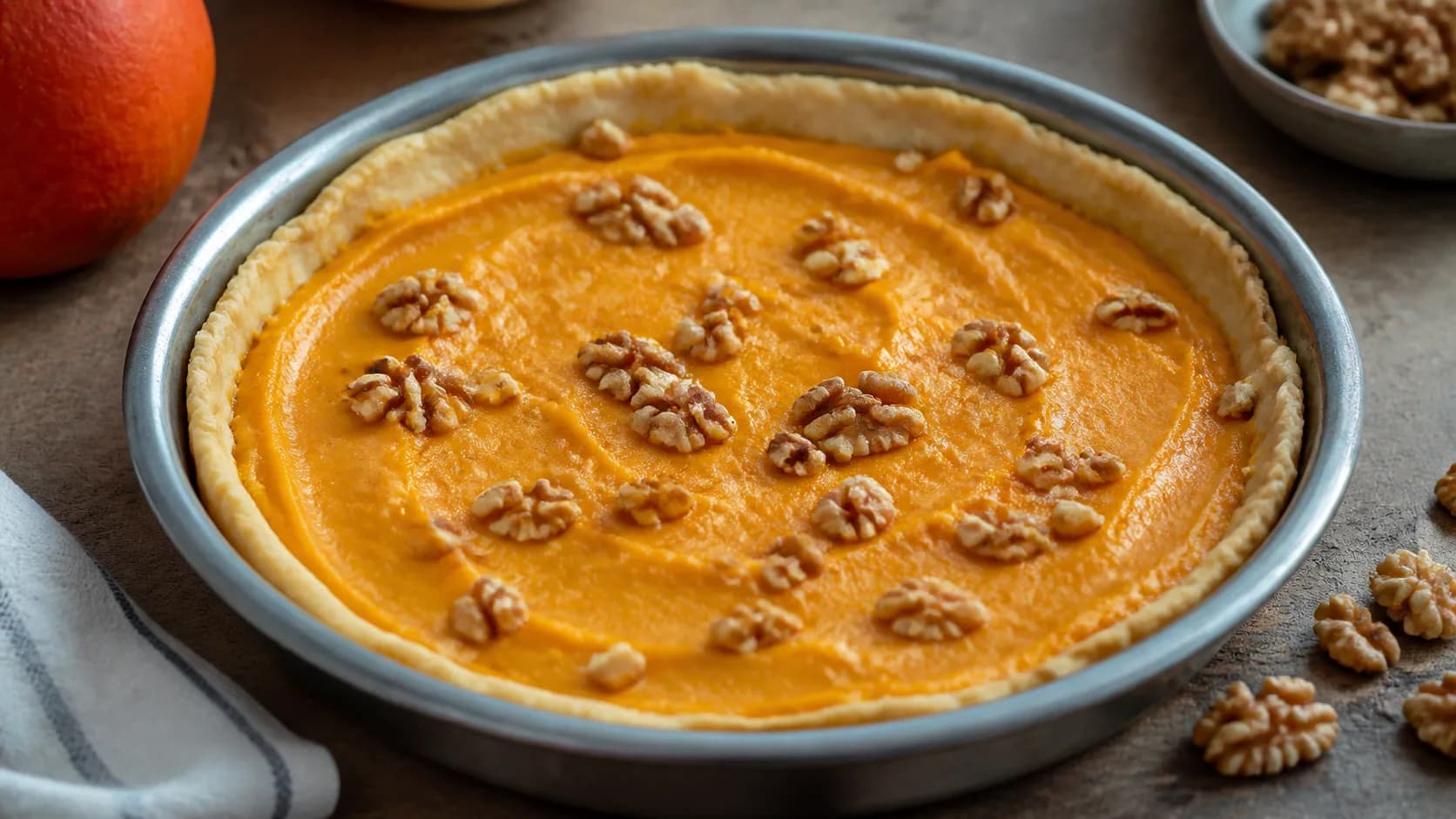Une tarte au potimarron vegan garnie de noix juste avant son passage au four