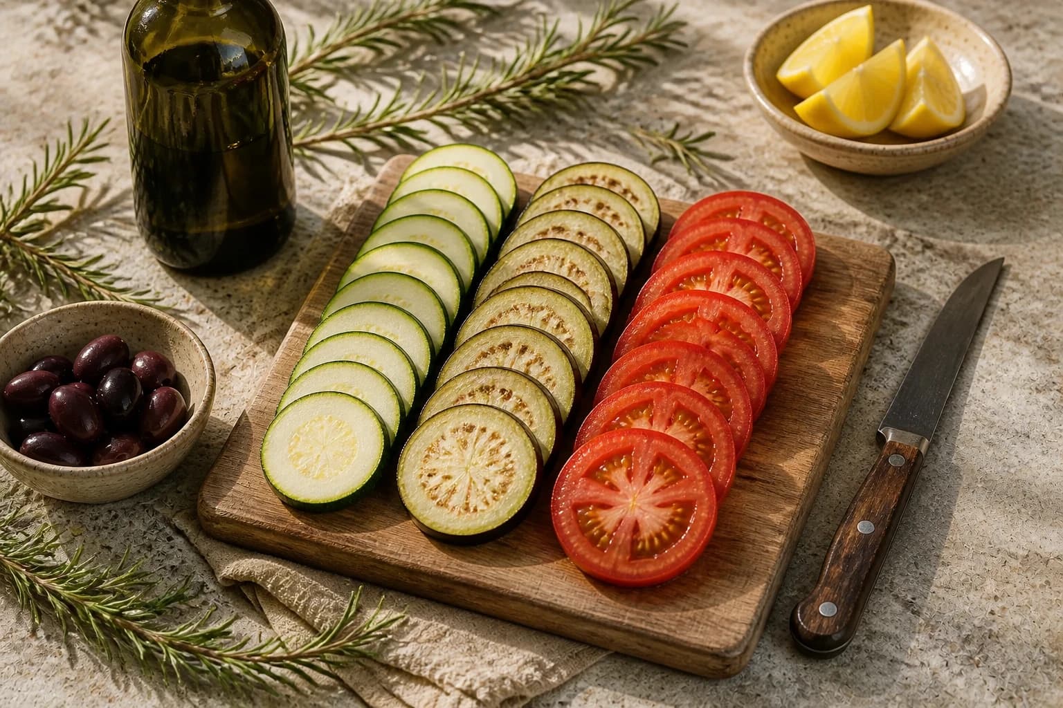 Tranches fines de courgette, aubergine et tomate alignées sur une planche en bois