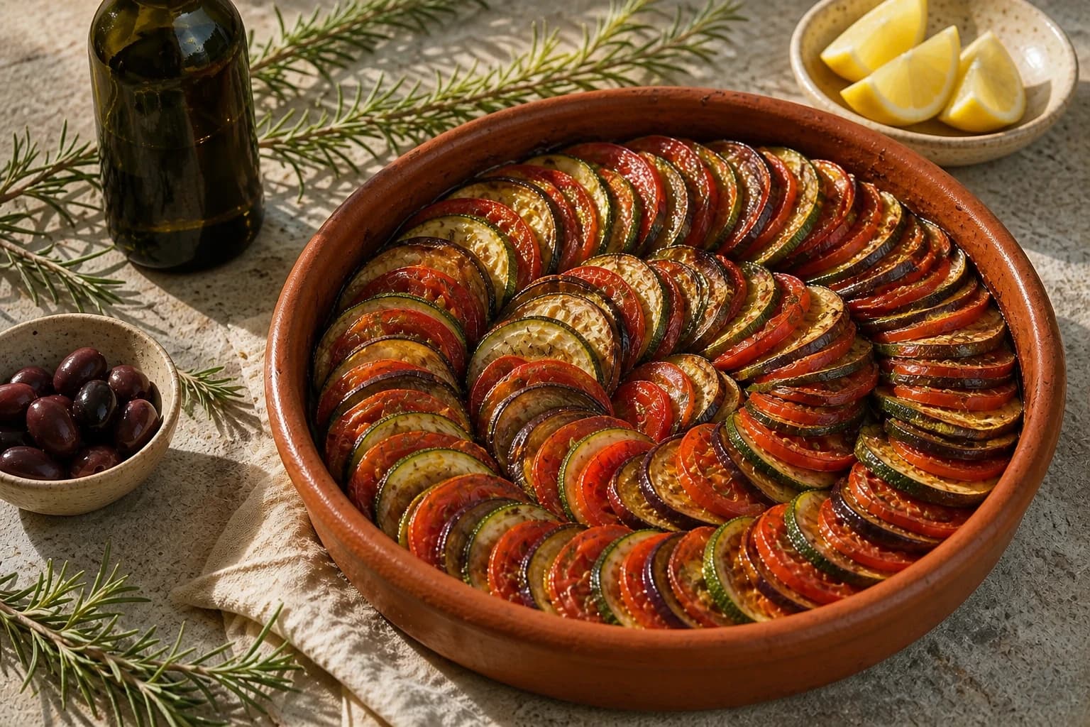 Tian de légumes cru monté en rosace, arrosé d'huile d'olive avant cuisson